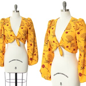 Modern 30s 40s Style Blouse DEADSTOCK Laura Byrnes Pin Up Girl Novelty Print Fans Roses Floral Yellow Long Sleeve Crop Top small/medium image 1