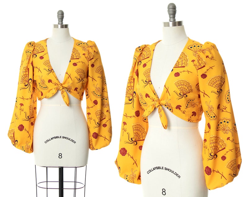 Modern 30s 40s Style Blouse DEADSTOCK Laura Byrnes Pin Up Girl Novelty Print Fans Roses Floral Yellow Long Sleeve Crop Top small/medium image 1