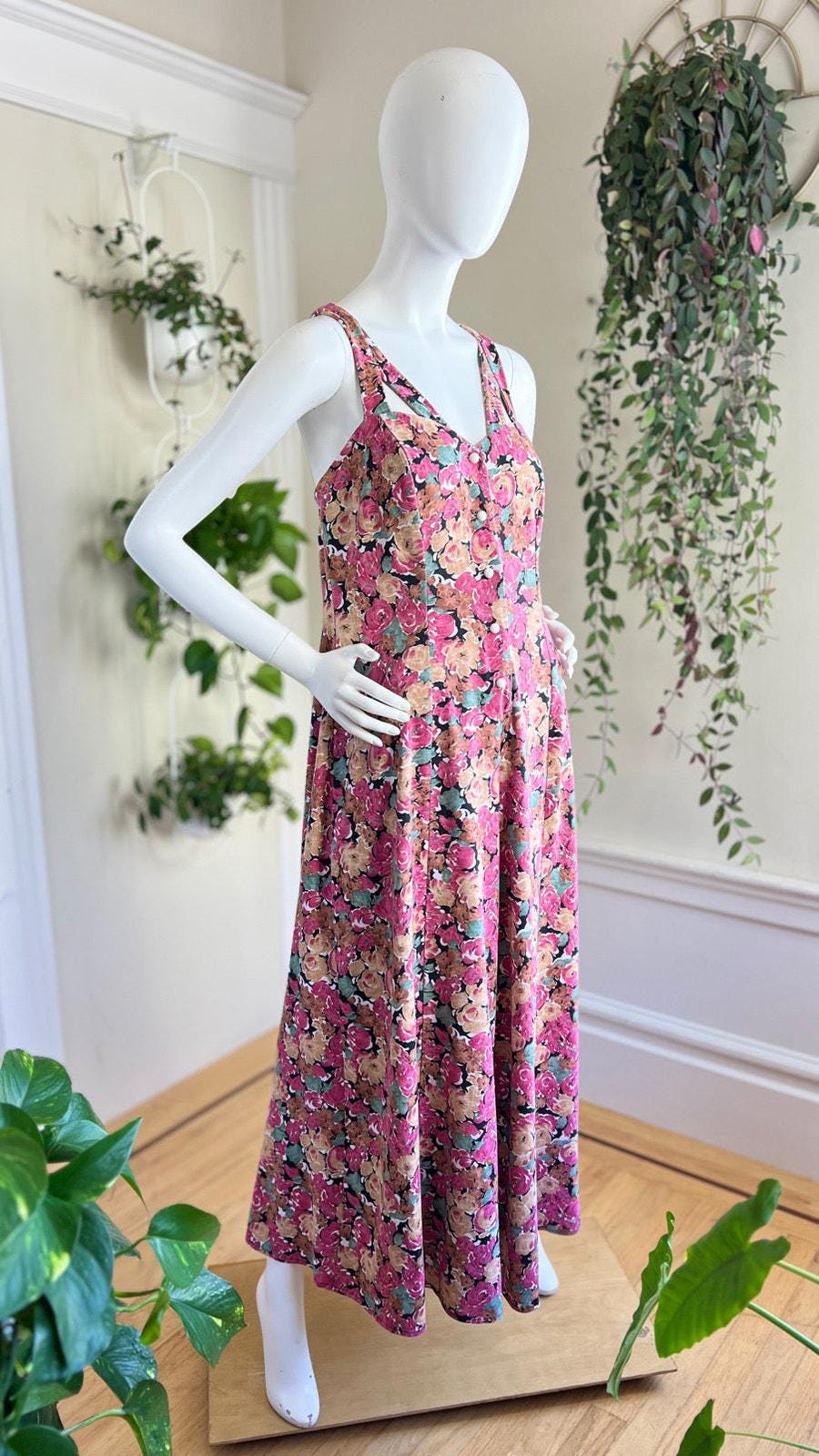 Vintage 1990s Jumpsuit | 90s Floral Print Cotton Strappy Wide Leg