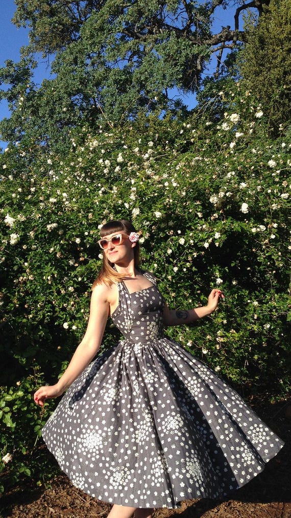 Vintage 1950s Halter Dress | 50s Rhinestone Studded Floral Print Brown Cotton Fit and Flare Circle Skirt Midi Sundress | x-small