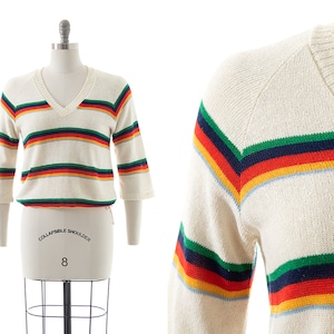 Vintage 1970s Sweater | 70s Rainbow Striped Cream Knit Cotton Acrylic Drawstring Three Quarter Sleeve Retro Pullover Top (small/medium)