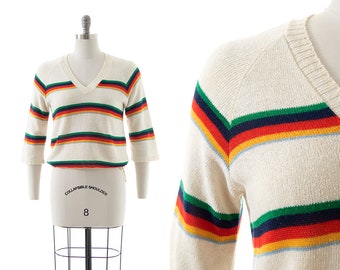 Vintage 1970-tals tröja | 70-tals regnbågsrandig krämfärgad stickad bomull akryl dragsko trekvartsärm retro pullover topp (small/medium)