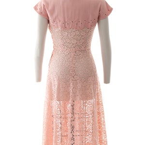 Vintage 1950s Dress 50s Rhinestone Soutache Linen Lace Light Pink See Through Fit and Flare Summer Tea Dress small image 4