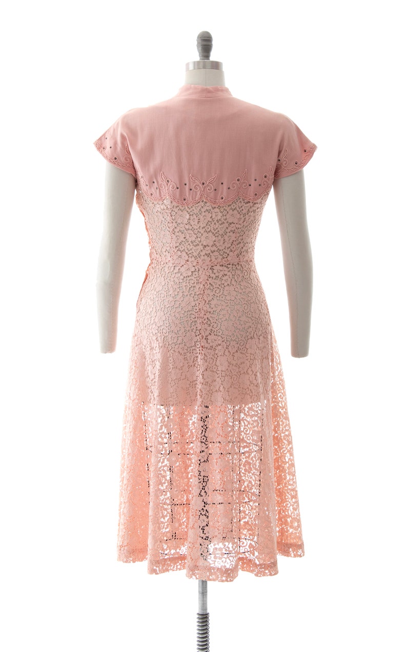 Vintage 1950s Dress 50s Rhinestone Soutache Linen Lace Light Pink See Through Fit and Flare Summer Tea Dress small image 4