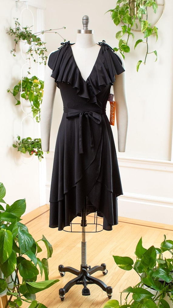 Vintage 1970s Wrap Dress | 70s DEADSTOCK Black Jersey Ruffled Disco Studio 54 Midi Day Dress | Small/medium