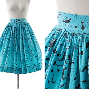 Vintage 1950s Skirt | 50s Novelty Print Keys & Locks Cotton Blue Swing Skirt (small)