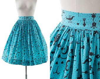 Vintage 1950s Skirt | 50s Novelty Print Keys & Locks Cotton Blue Swing Skirt (small)