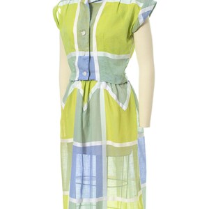 Vintage 1950s Sundress Set 50s Color Block Windowpane Plaid Sheer Cotton Voile Lime Green Blue Day Dress & Bolero Outfit small image 4