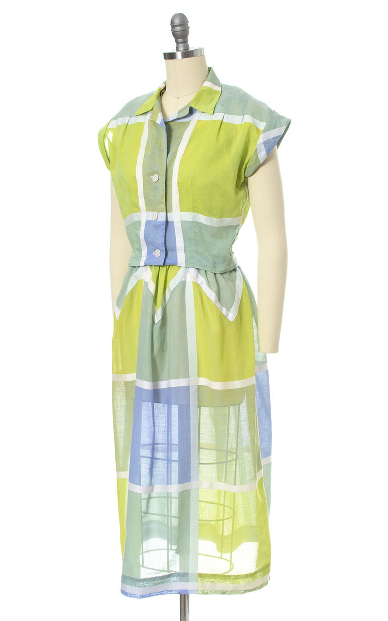 Vintage 1950s Sundress Set 50s Color Block Windowpane Plaid Sheer Cotton Voile Lime Green Blue Day Dress & Bolero Outfit small image 4