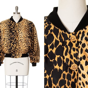 Vintage 1980s 1990s Bomber Jacket | 80s 90s Silk Leopard Animal Print Coat (medium/large)