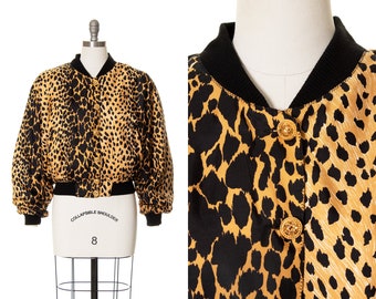 Vintage 1980s 1990s Bomber Jacket | 80s 90s Silk Leopard Animal Print Coat (medium/large)