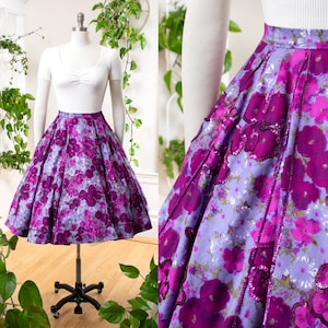 Vintage 1950s Circle Skirt | 50s Sequin Floral Print Purple Cotton Swing Cocktail Party Skirt | small
