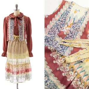 Completo gonna vintage anni '70 / Completo gonna gilet cintura tre pezzi in rayon floreale anni '70 (x-small)