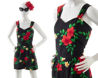 Vintage 1980s Romper | 80s 90s Hawaiian Hibiscus Floral Print Smocked Cotton Black Red Shorts Playsuit Jumpsuit (large/x-large)