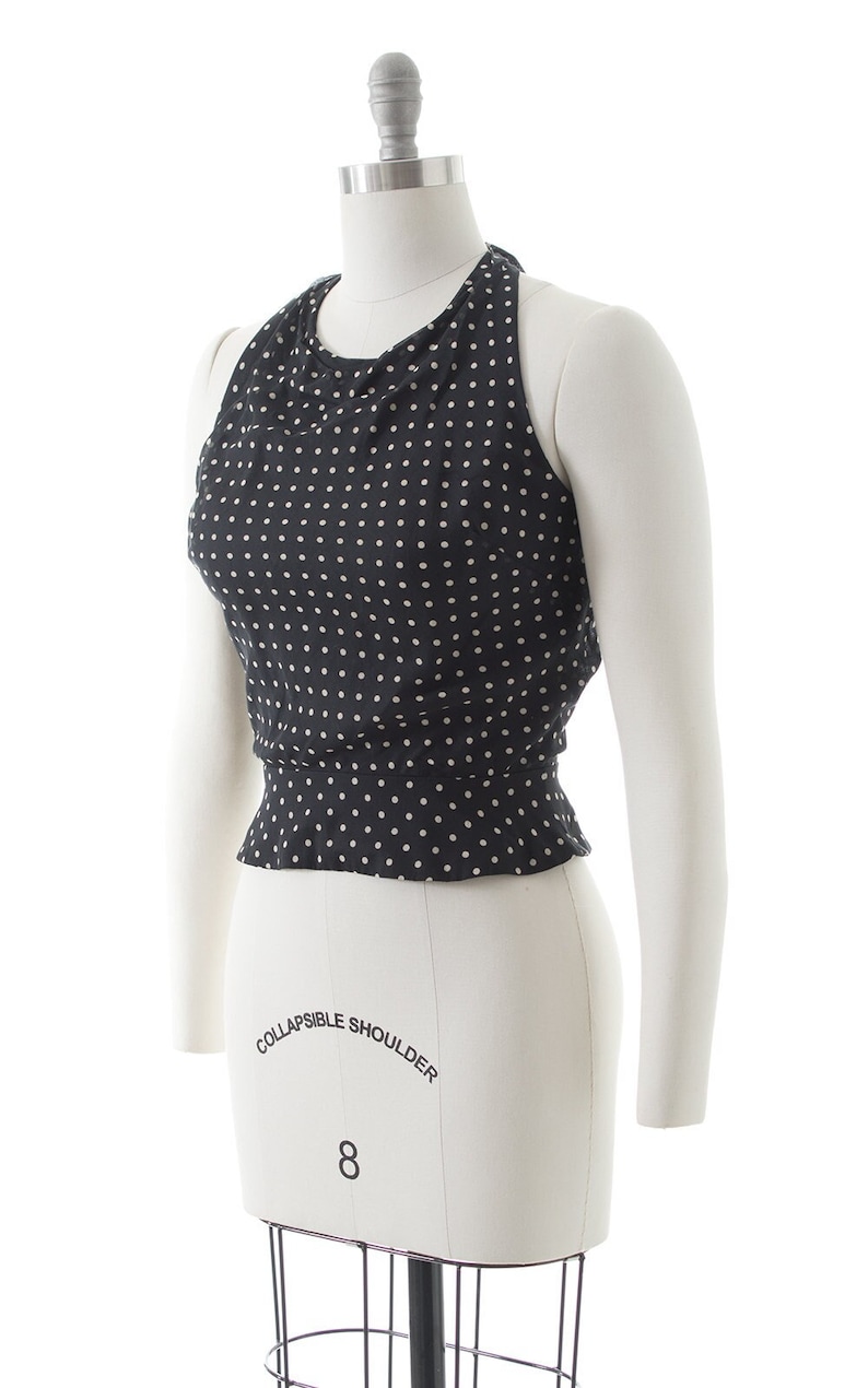 Vintage 1970s Halter Top 70s Polka Dot Cotton Black Cropped Peplum Pin Up Blouse small image 2