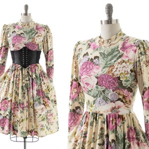 Vintage 1980s Dress | 80s Romantic Floral Printed Cotton Jersey Cream Beige Long Sleeve Full Skirt Midi Dress with Pockets (small)