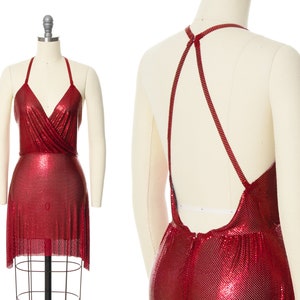 NWT Modern FANNIE SCHIAVONI &quot;Clemence&quot; Dress | 1970s Vintage Style Red Metal Mesh Open Back Micro Mini Disco Party Dress | x-small