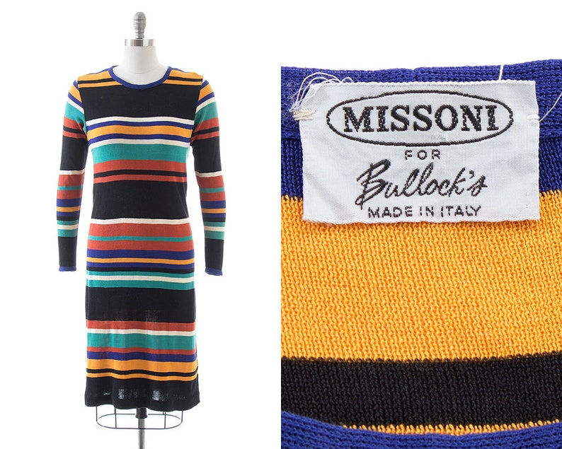 Vintage 1960s 1970s MISSONI Dress 60s 70s Striped Knit Wool Jersey Long Sleeve Shift Dress small/medium image 1