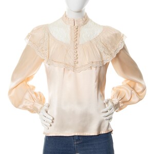 Vintage 1970s Blouse 70s GUNNE SAX Cream Satin Lace Victorian Revival Boho Long Sleeve Button Up Top medium image 3