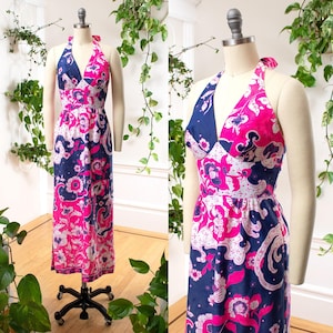 Vintage 1970s Sundress | 70s KAMEHAMEHA Psychedelic Floral Hawaiian Cotton Halter Pink Blue Sleeveless Maxi Day Dress | x-small