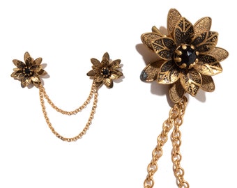 Vintage 1960s Sweater Clips | 60s Rhinestone Floral Brass Tone Flower Chain Brooches