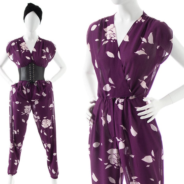 1980s Corduroy Jumpsuit in Black Floral Print
