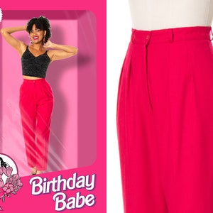 Vintage 1980s Trousers | 80s KENZO Hot Pink Wool High Waisted Straight Leg Pleated Cuffed Work Pants (small)