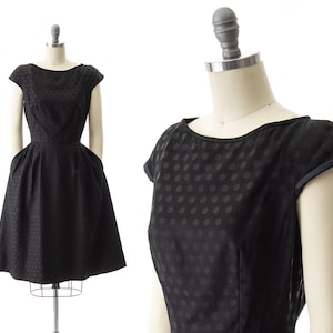 Vintage 1950s Dress | 50s Silk Polka Dot Jacquard Black Fit and Flare Full Skirt Pockets Cocktail Party Dress (small)