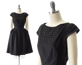 Vintage 1950s Dress | 50s Silk Polka Dot Jacquard Black Fit and Flare Full Skirt Pockets Cocktail Party Dress (small)