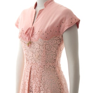 Vintage 1950s Dress 50s Rhinestone Soutache Linen Lace Light Pink See Through Fit and Flare Summer Tea Dress small image 5