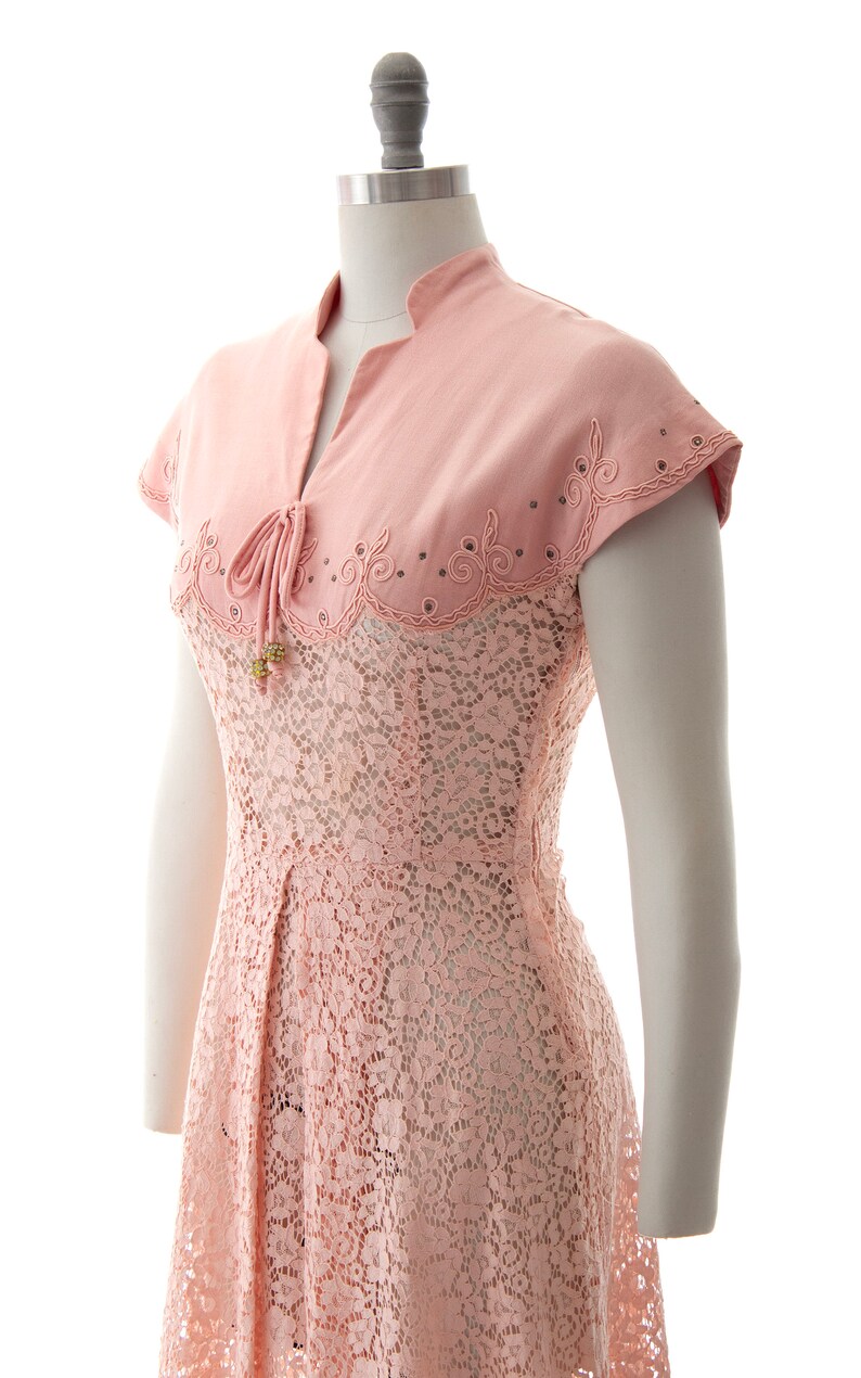 Vintage 1950s Dress 50s Rhinestone Soutache Linen Lace Light Pink See Through Fit and Flare Summer Tea Dress small image 5