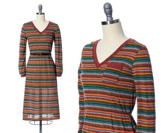 Vintage 1970s Dress | 70s Rainbow Metallic Acrylic Jersey Knit Long Sleeve Sweater Dress (x-small)