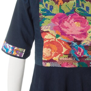 Vintage 1970s Huipil Dress 70s Guatemalan Woven Embroidered Floral Rose & Birds Navy Blue Cotton Maxi Dress small image 6