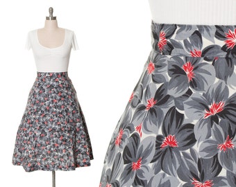 Vintage 1940s Skirt | 40s Floral Print Cotton Grey Gray Red High Waisted A-Line Full Swing Skirt (medium)