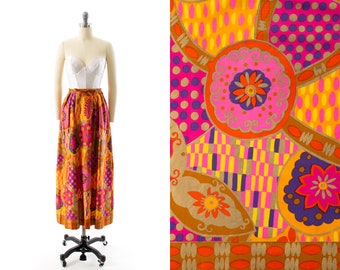 Vintage 1960s Maxi Skirt | 60s ALEX COLMAN Metallic Psychedelic Bright Floral Geometric Cotton High Waisted Full Skirt (small)