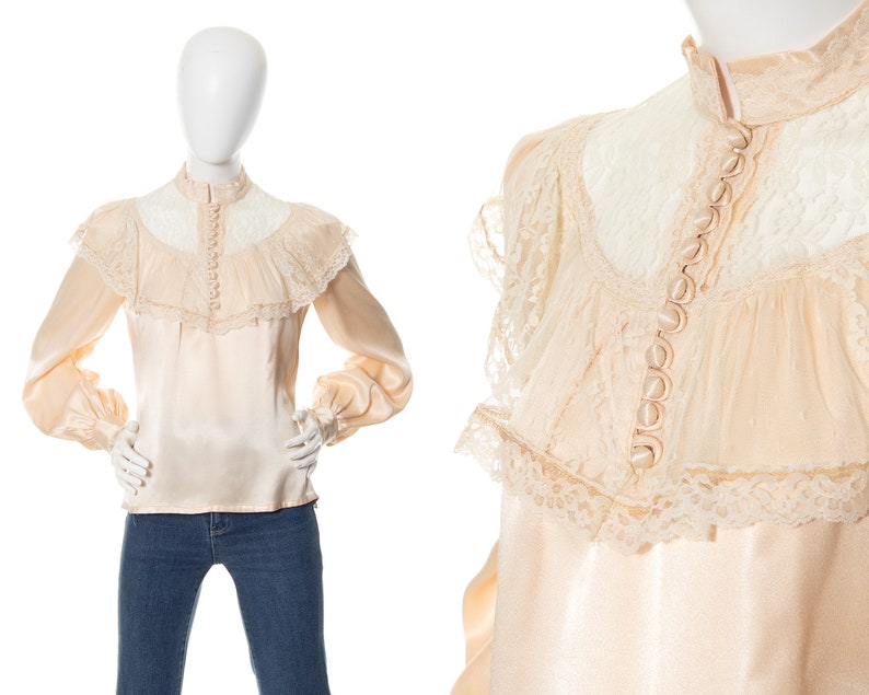 Vintage 1970s Blouse 70s GUNNE SAX Cream Satin Lace Victorian Revival Boho Long Sleeve Button Up Top medium image 1