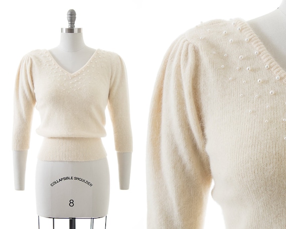 Vintage 1980s Sweater | 80s Beaded Wool Angora Cre