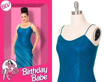 Vintage Y2K Party Dress | 2000s Reptile Metallic Lurex Teal Blue Spaghetti Strap Stretchy Mesh Full Length Maxi Evening Dress (large)