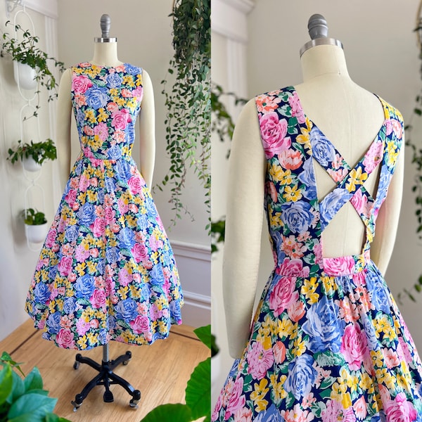 Vintage 1980s Sundress | 80s Open Back Criss Cross Floral Printed Cotton Fit and Flare Midi Tea Day Dress (small)