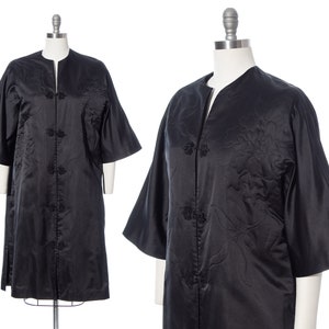 Vintage 1960s Opera Coat | 60s DYNASTY Black Silk Satin Frog Closures Floral Top Stitched Embroidered Asian Formal Evening Jacket (large)