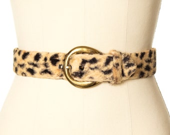 Vintage 1950s 1960s Cinch Belt | 50s 60s Leopard Animal Print Faux Fur Brass Buckle High Waisted Pin Up Rockabilly Belt (x-small/small)