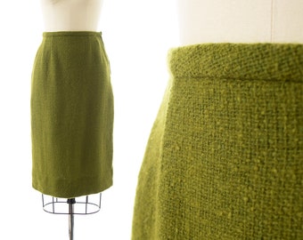 Vintage 1960s Pencil Skirt | 60s Olive Green Wool High Waisted Secretary Work Skirt (x-small/small)