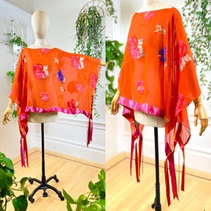Vintage 2000s Blouse | Y2K ETRO Red Silk Floral Metallic Sheer Italian Scarf Poncho with Ribbons | one size fits most