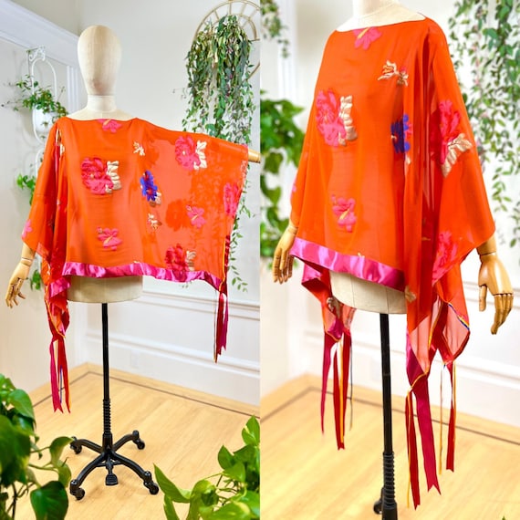 Vintage 2000s Blouse | Y2K ETRO Red Silk Floral Metallic Sheer Italian Scarf Poncho with Ribbons | one size fits most