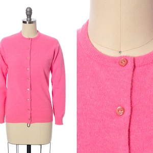 Vintage 1960s Cardigan 60s Hot Neon Pink Knit Wool Angora Mohair Button Up Long Sleeve Sweater Top x-small/small image 1