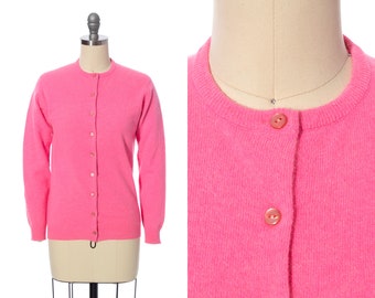 Vintage 1960s Cardigan | 60s Hot Neon Pink Knit Wool Angora Mohair Button Up Long Sleeve Sweater Top (x-small/small)