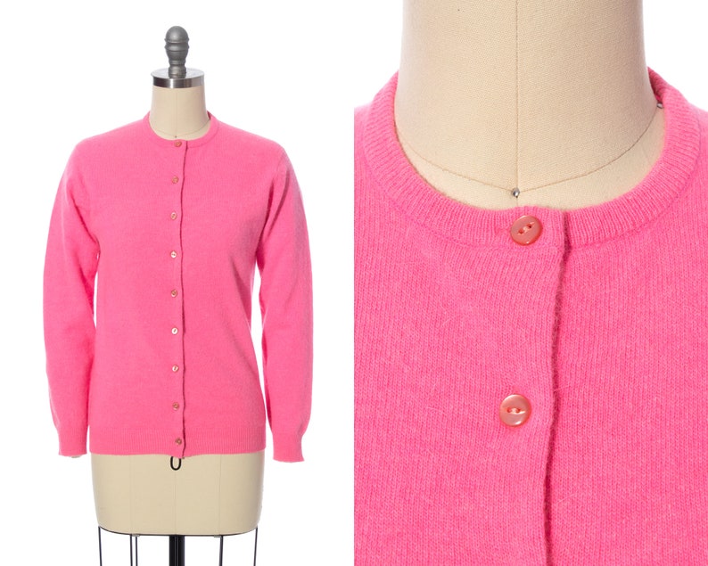 Vintage 1960s Cardigan 60s Hot Neon Pink Knit Wool Angora Mohair Button Up Long Sleeve Sweater Top x-small/small image 1