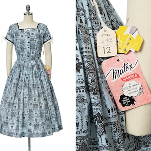 Vintage 1950s Dress | 50s DEADSTOCK with Tags Floral Filigree Printed Cotton Blue Faux Shirtwaist Day Dress (small)