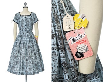 Vintage 1950s Dress | 50s DEADSTOCK with Tags Floral Filigree Printed Cotton Blue Faux Shirtwaist Day Dress (small)