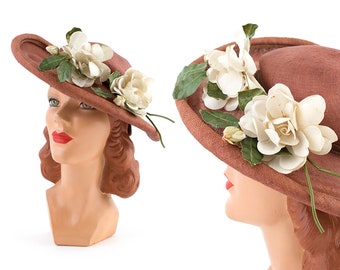 Vintage 1950s Sun Hat | 50s White Magnolia Floral Woven Brown Straw Wide Brim Picture Hat (small/medium)